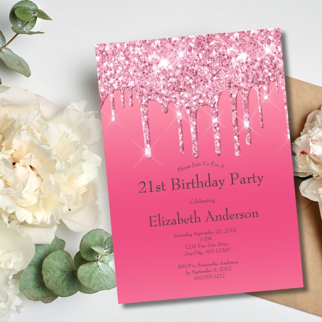 Rosa glitterdroppar Girlly Chic 21-årsfest Inbjudningar (Pink Dripping Glitter 21st Birthday Party Invitation for her)