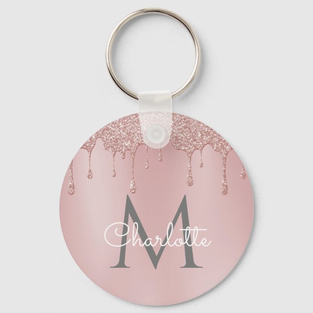 Rosa glitterdroppar Monogram Elegant Chic Script Nyckelring (Framsida)