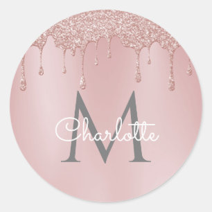 Rosa glitterdroppar Monogram Elegant flickaktig ha Runt Klistermärke