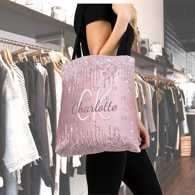 Rosa glitterdroppar monogram elegant skrivstil tygkasse (Skapare uppladdad)