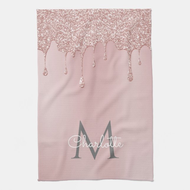 Rosa glitterdroppar Monogram Girly skrift Kökshandduk (Vertikal)