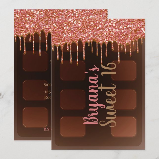 Rosa glitterdropps choklad godisbar Sweet 16 Inbjudningar (Fram/baksida)