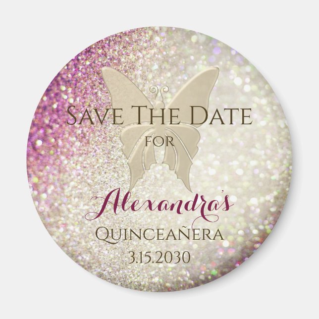 Rosa Glitterfjäril Quinceañera Magnet (Framsidan)