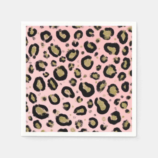 Rosa Glitterguld & Svart Leopardsjablong Print Pappersservett (Framsidan)