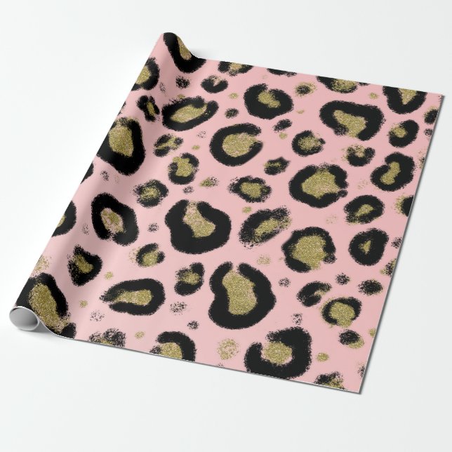 Rosa Glitterguld & Svart Leopardsjalar Tryck Presentpapper (Utrullad)
