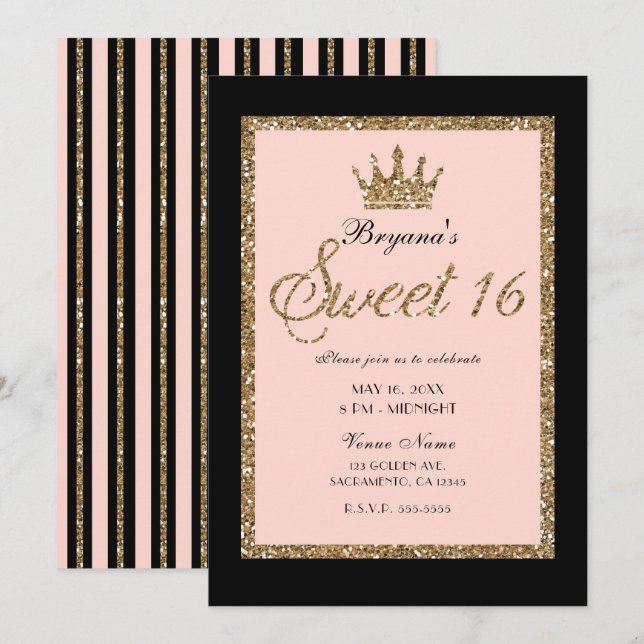 Rosa Glitterguld & Svart Sweet 16 Prinsesskrönta Inbjudningar (Fram/baksida)