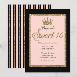 Rosa Glitterguld & Svart Sweet 16 Prinsesskrönta Inbjudningar