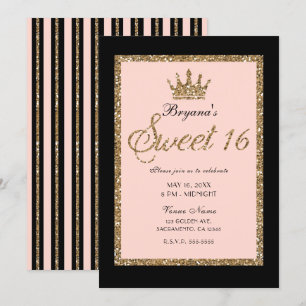 Rosa Glitterguld & Svart Sweet 16 Prinsesskrönta Inbjudningar