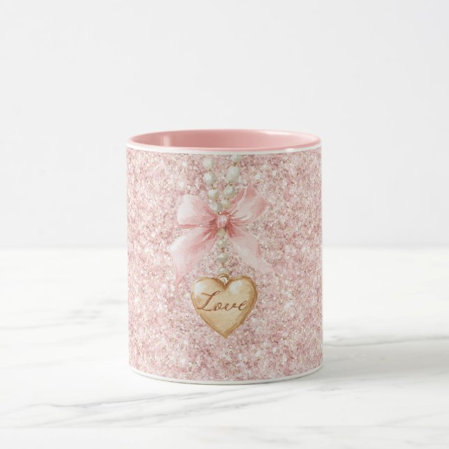 Rosa glitterhalsband med hjärta och rosett   mugg (Center)