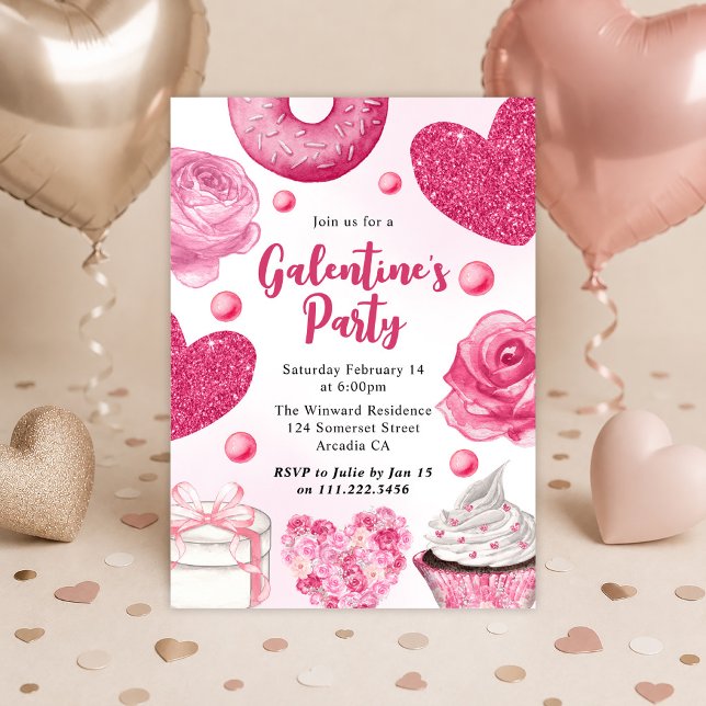 Rosa & glitteriga rosor & cupcakes Galentine’s Day Inbjudningar (Skapare uppladdad)