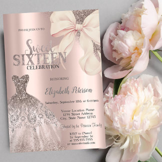 Rosa glitterklänning med roseguldspänne Sweet 16 Inbjudningar