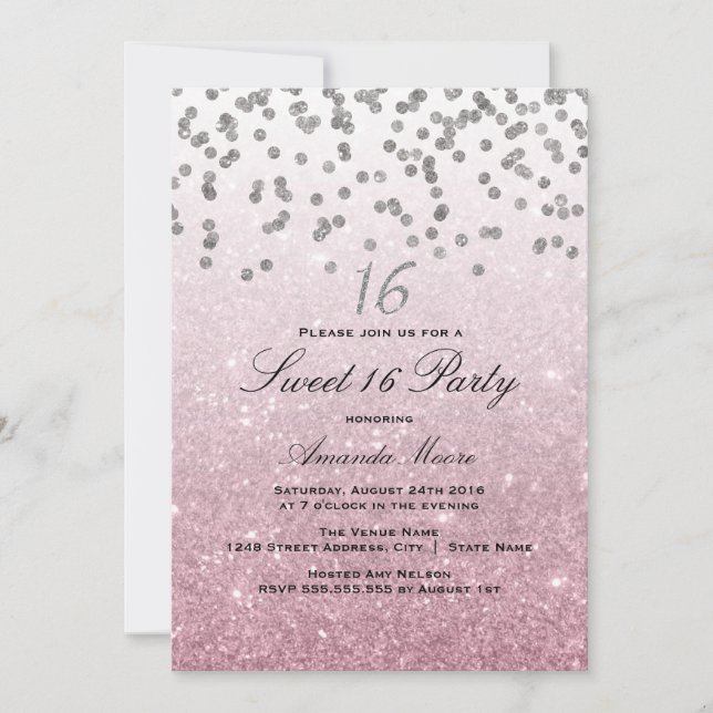 Rosa glitterkonfetti Sweet 16-inbjudan Inbjudningar (Framsida)
