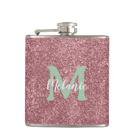 Rosa glittermonogram anpassat namn metallisk flask fickplunta