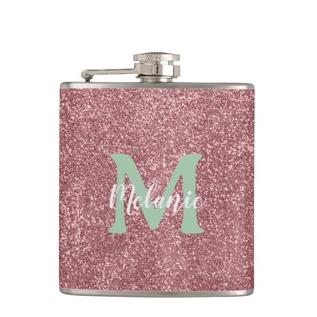 Rosa glittermonogram anpassat namn metallisk flask fickplunta (Framsidan)