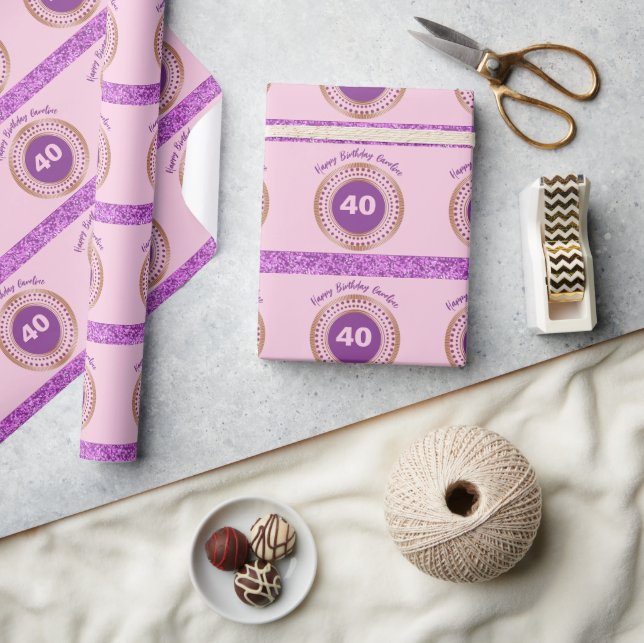 Rosa glitterränder Förgylld emblem Personlig 40-år Presentpapper (Hantverk)
