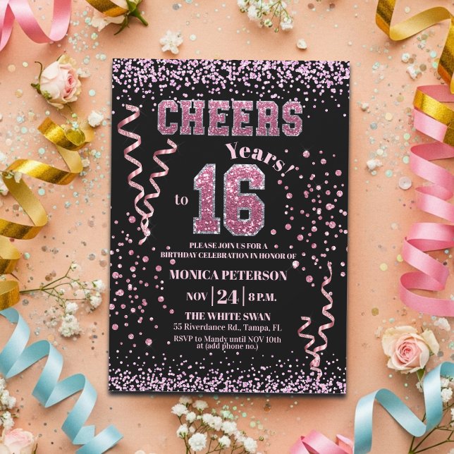 Rosa glitterrhinstenar 16-årsfest  inbjudningar (Skapare uppladdad)