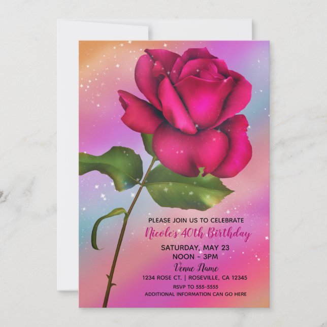 Rosa Glitterros Regnbåge Pastell Födelsedagsfest Inbjudningar (Framsida)
