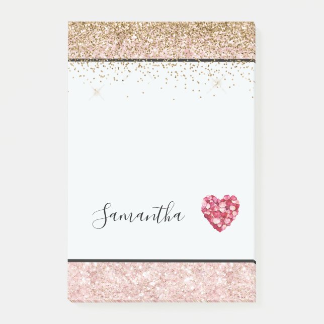 Rosa glitterrosa röda rosenblad Hjärtformad Post-it Block (Framsida)
