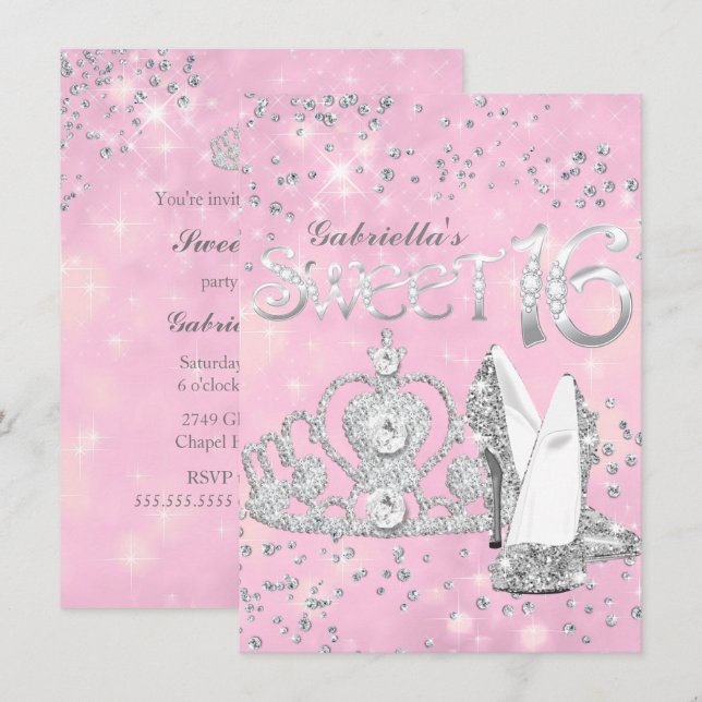 Rosa glittertiara & klackar Söt 16 inbjudan (Fram/baksida)