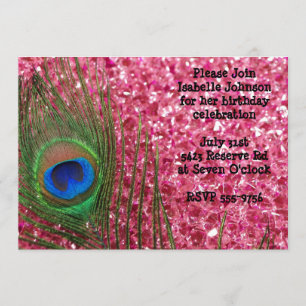 Rosa Glittery Sten Peacock Birthday Inbjudan