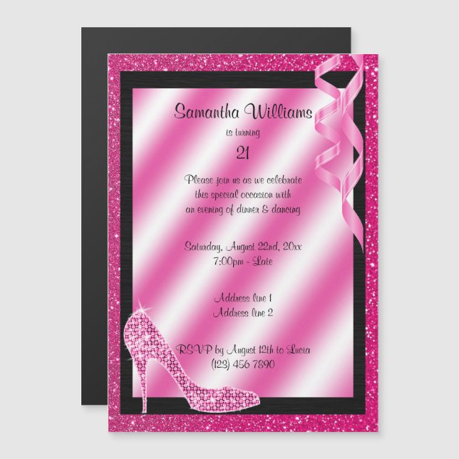 Rosa Glittery Stiletto & Streamers 21:a födelsedag Magnetisk Inbjudningskort (Fram/baksida)