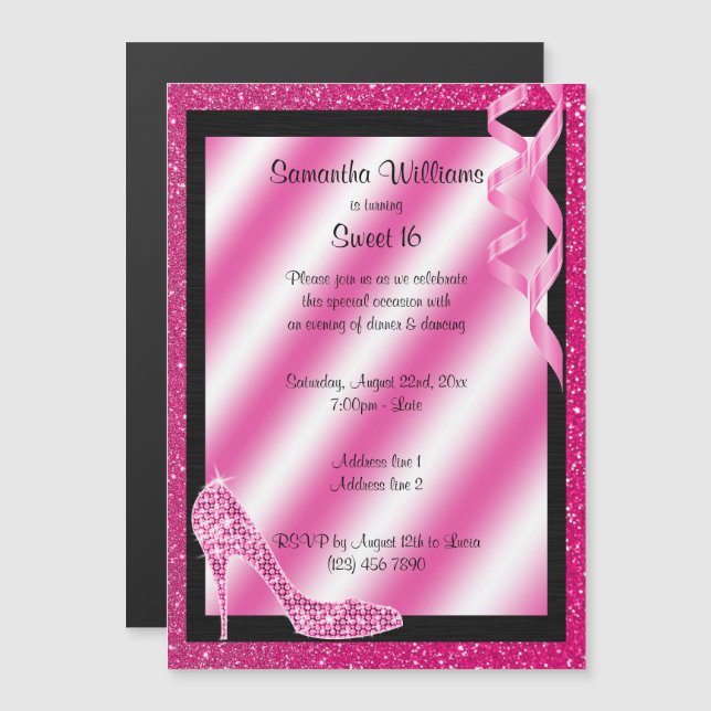 Rosa Glittery Stiletto & Streamers Sweet 16 Magnetisk Inbjudningskort (Fram/baksida)