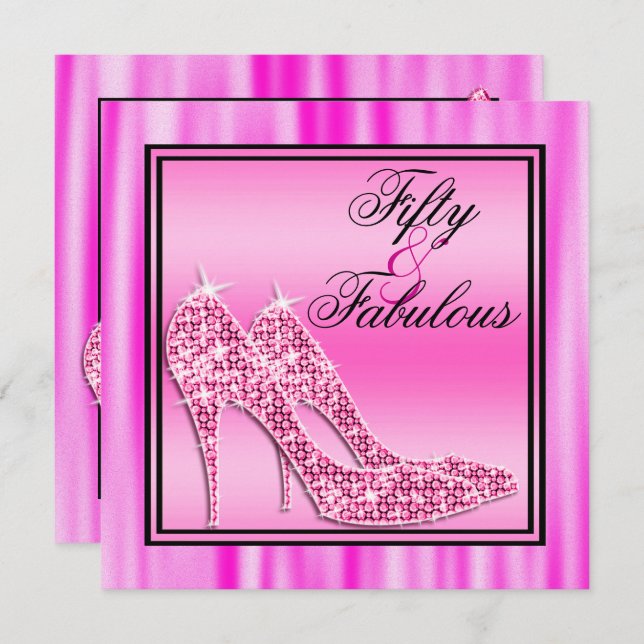 Rosa Glittery Stilettos & Music Fabulous 50 Inbjudningar (Fram/baksida)