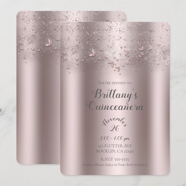 Rosa Glittrande Fladdrande Fjäril Quinceañera-fest Inbjudningar (Fram/baksida)