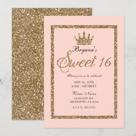 Rosa glittrande guld glitter Sweet 16 prinsessakro Inbjudningar