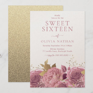 Rosa glittrande rosor Blommig Sweet 16-fest Inbjudningar