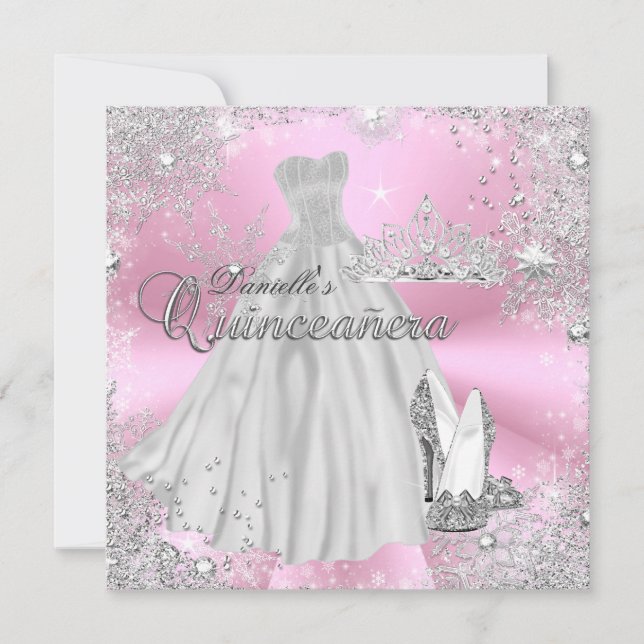 Rosa glittrande snöflinga Quinceanera-inbjudan Inbjudningar (Framsida)