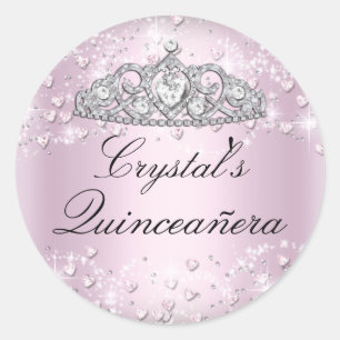 Rosa glittrande tiara och hjärtan Quinceanera deka Runt Klistermärke