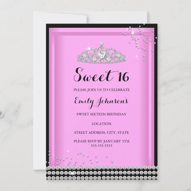 Rosa glittrande tiara Sweet 16 födelsedagsinbjudan Inbjudningar (Framsida)