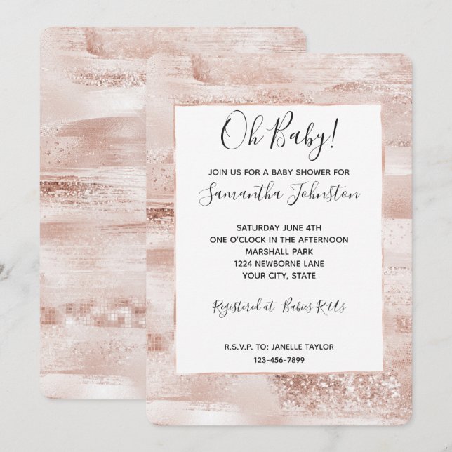 Rosa Glittrig Glitter Gnistrande Babyfirande Inbjudningar (Fram/baksida)