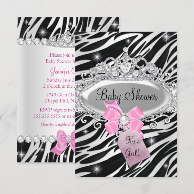 Rosa Glittrig Zebra Prinsessa Tiara Babyfirande Inbjudningar (Fram/baksida)