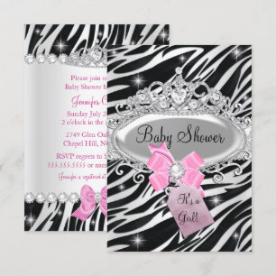 Rosa Glittrig Zebra Prinsessa Tiara Babyfirande Inbjudningar