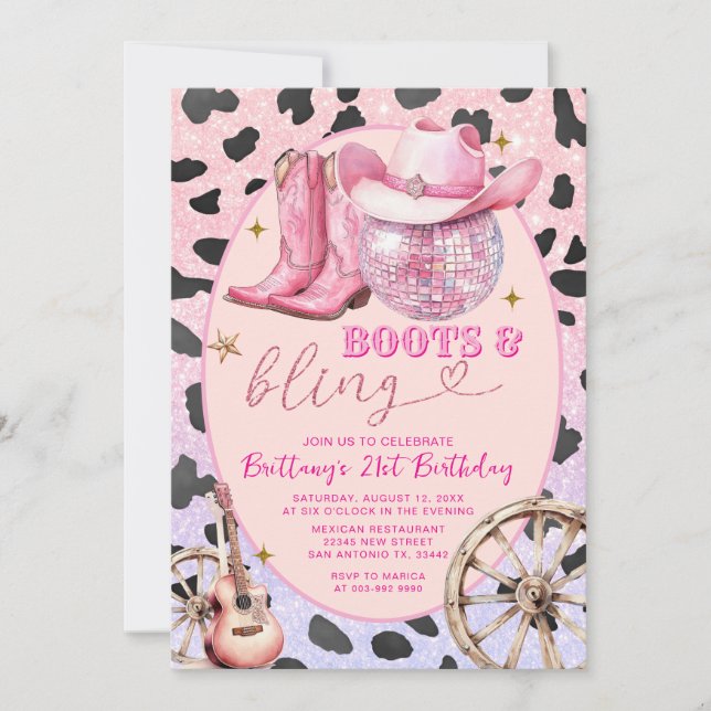 Rosa Glittter Boots and Bling 20:e födelsedagen Inbjudningar (Framsida)