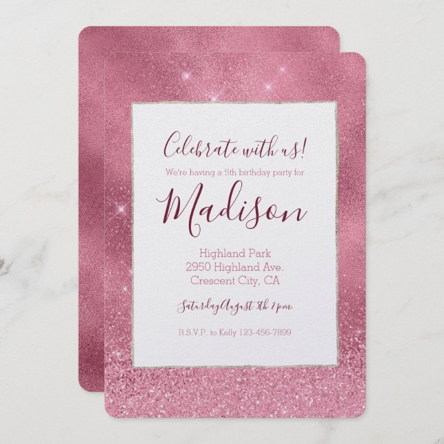 Rosa Glitz Birthday Inbjudningar (Fram/baksida)