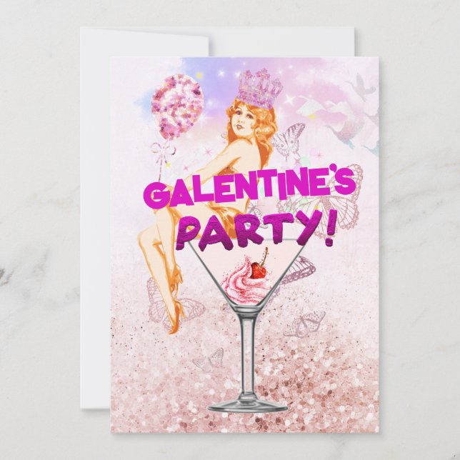 Rosa Glitzy Glamous Galentine's Day Party Kort (Framsida)
