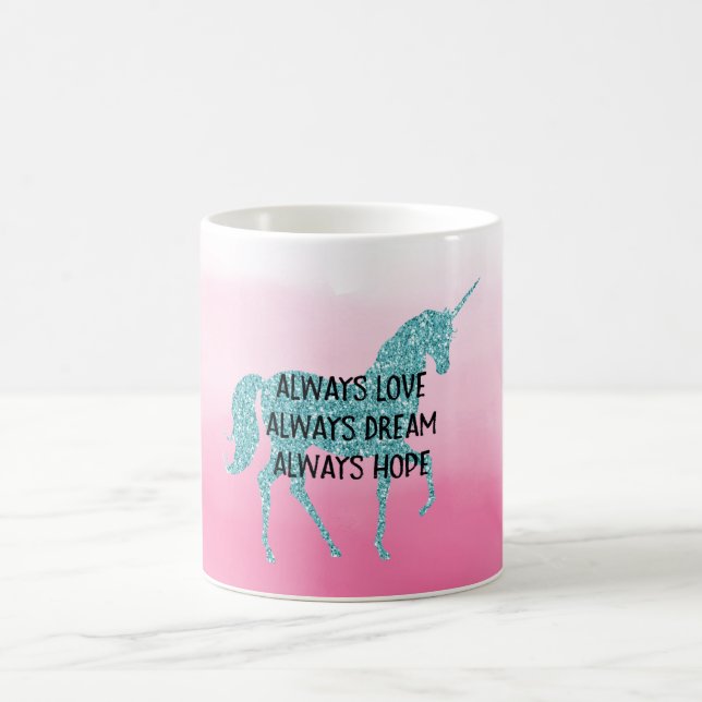 Rosa Glitzy Glitter Aqua Unicorn Dream Kaffemugg (Center)