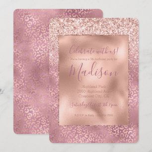 Rosa Glitzy Glitter Leopard Print Inbjudningar
