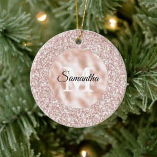 Rosa Glitzy Glitter Monogram Julgransprydnad Keramik