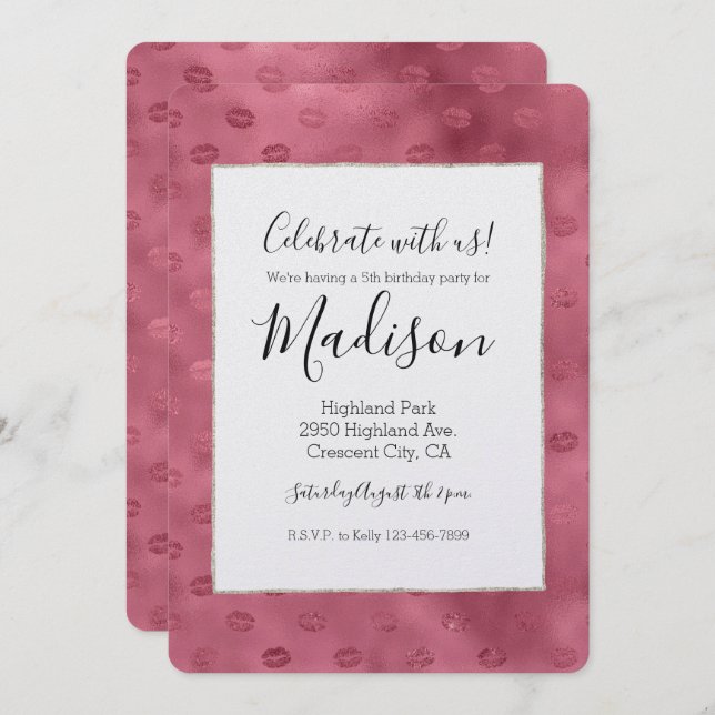 Rosa Glitzy Läppar Inbjudningar (Fram/baksida)