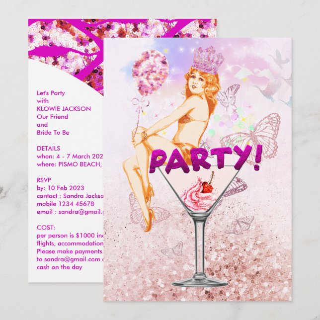Rosa Glitzy Sequence Glamora Bachelorette Party Inbjudningar (Fram/baksida)