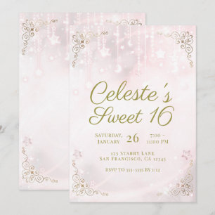 Rosa glöd och guld himmelsk glitter Sweet 16-fest Inbjudningar