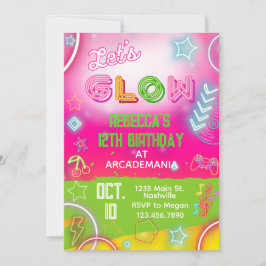Rosa GLOW Birthday Gaming Arcade Party Glow Neon Inbjudningar