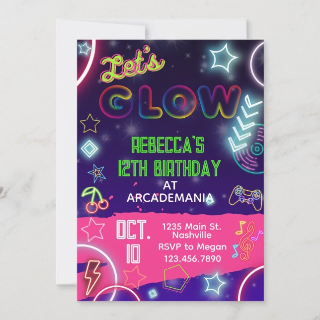 Rosa GLOW Birthday Gaming Arcade Party Glow Neon Inbjudningar (Framsida)