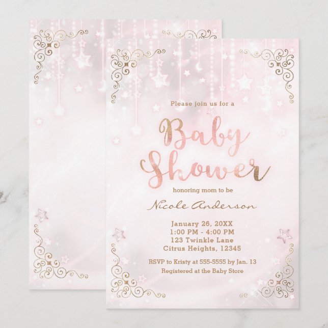 Rosa Glow & Guld Celestial Gnistra Baby Shower Inbjudningar (Fram/baksida)
