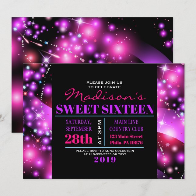 ROSA GLOWING STARS Sweet sixteen 16-inbjudan Inbjudningar (Fram/baksida)