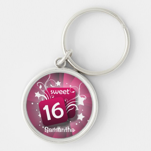 Rosa Glowing Swirls Sweet 16 Personlig Keychain Rund Silverfärgad Nyckelring (Framsidan)